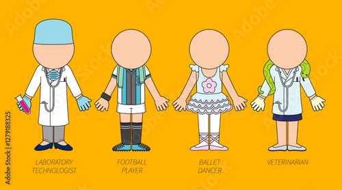 Professions Uniforms: Laboratory Technologist, Football Player, Ballet Dancer, Veterinarian