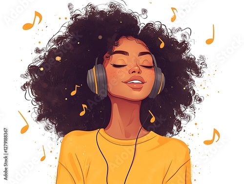 Woman listening music, headphones, joy