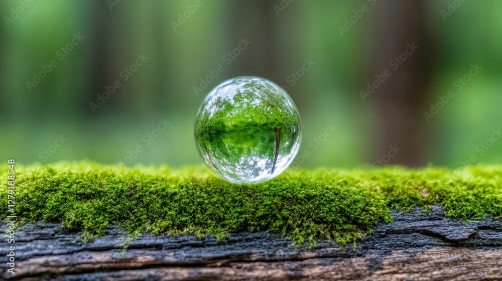 Close up of a crystal ball reflecting a lush green forest, delicately balanced on vibrant green moss atop dark wood. Soft natural light bathes the Close up of a crystal ball reflecting a lush green forest, delicately balanced on vibrant green moss atop dark wood. Soft natural light bathes the
