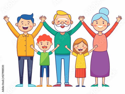 Happy Multigenerational Family Illustration – Colorful Cartoon Character Design.
