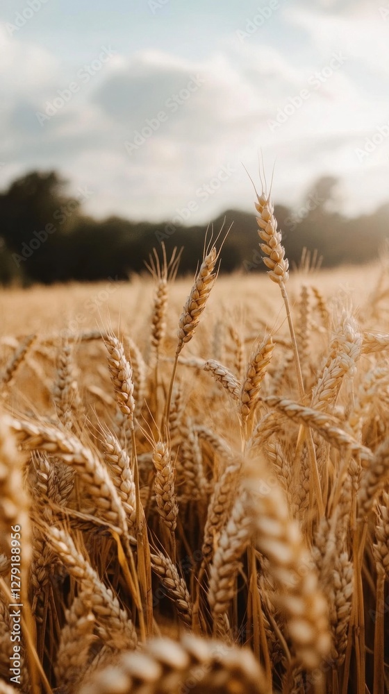 Fototapeta premium Golden Wheat Field at Dusk with Sunlit Grains and Rural Scenery
