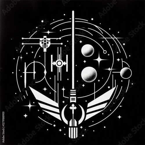 A minimalist black-and-white poster combining Star Wars symbols and the phrase 