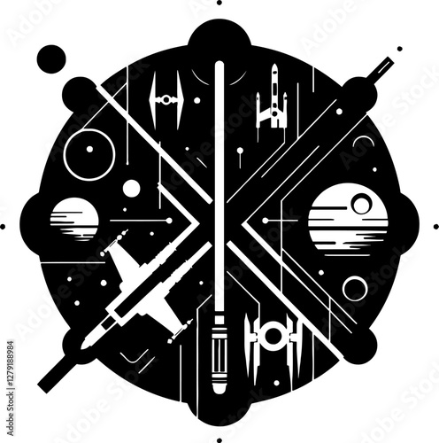 A minimalist black-and-white poster combining Star Wars symbols and the phrase 