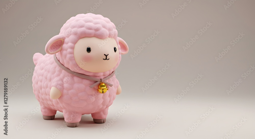 Cute Pink Sheep Toy with Golden Bell and Gentle Expression Cute Pink Sheep Toy with Golden Bell and Gentle Expression