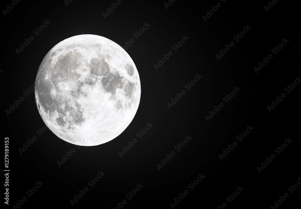 Fototapeta premium A very detailed full moon glowing brightly against a stark black night sky, showcasing the lunar surface's craters and textures. Its a close up, with