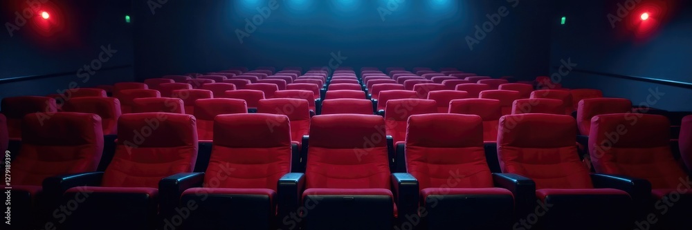 Fototapeta premium Empty seats in a dark cinema theater at night, stillness, dark theater empty seats, silence