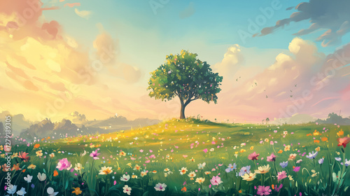 Illustration of a beautiful flowery meadow, open and with a single tree, with a wonderful sky with the sun setting