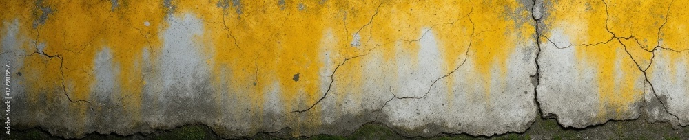 Obraz premium Eroded cement wall with yellowish mildew stains and a cracked texture, mossy, damp