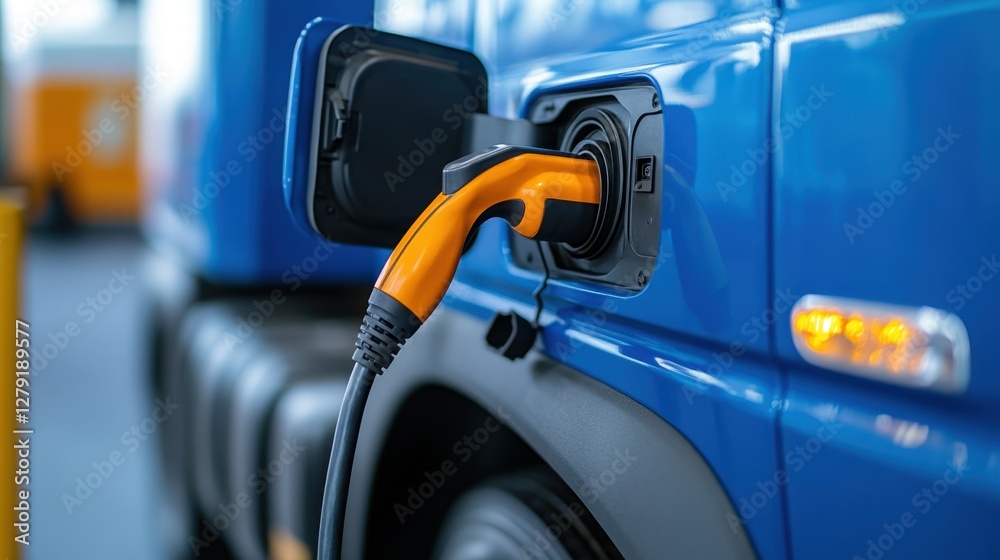 Close up of electric charging connector plugged into a bright blue commercial truck, showcasing orange charging cable and dark gray charging port Close up of electric charging connector plugged into a bright blue commercial truck, showcasing orange charging cable and dark gray charging port