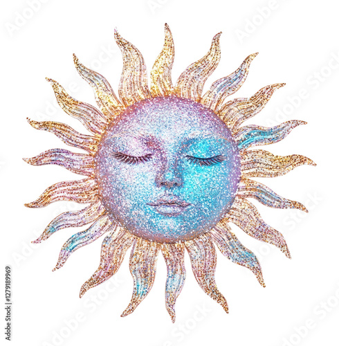 PNG Hologram glitter sun art face illustration.