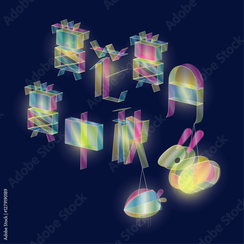 Mid-Autumn Festival, Chinese Rabbit Cellophane Lantern and Conceptual Chinese Typography. Translation: Enjoy the flowers, Moon and Mid-Autumn Festival.