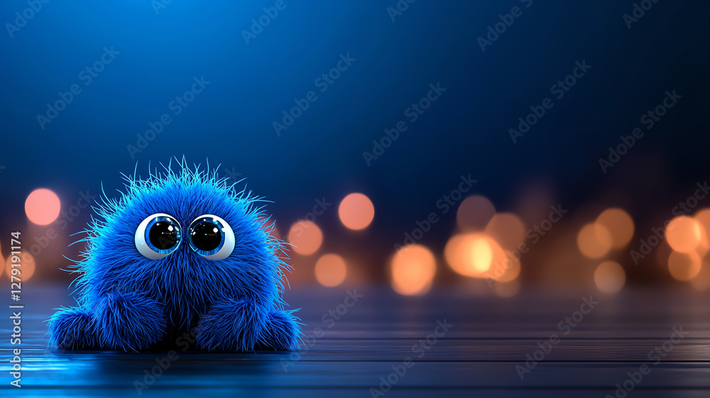Fototapeta premium Fluffy blue creature with big eyes sitting on wooden surface, surrounded by soft bokeh lights, creating whimsical and playful atmosphere