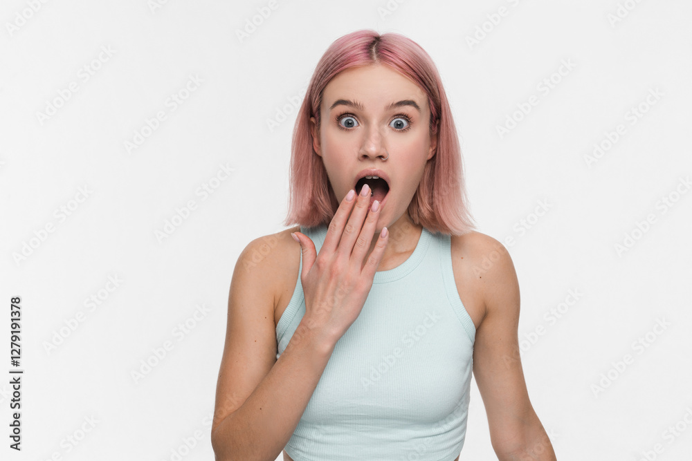 OMG! Close up photo of shocked amazed young woman girl female student with colorful hair listen positive good news big sales open mouth isolated white color background copy space. OMG! Close up photo of shocked amazed young woman girl female student with colorful hair listen positive good news big sales open mouth isolated white color background copy space.