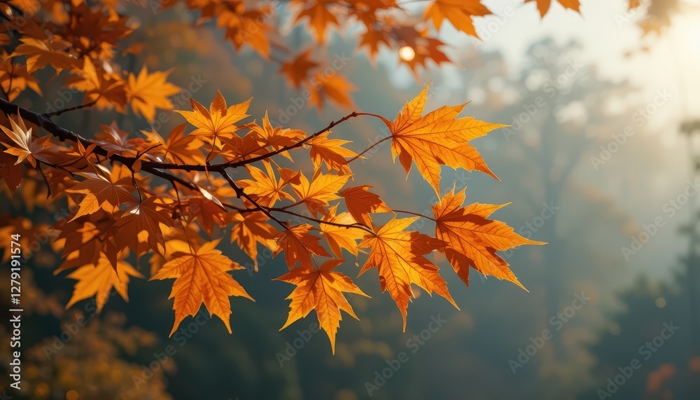 Vibrant Maple Leaves in Autumn Light with Nature Background Vibrant Maple Leaves in Autumn Light with Nature Background