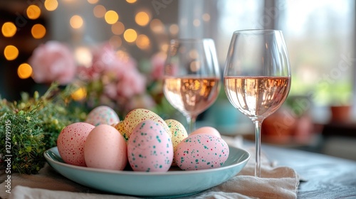 Decorative easter eggs and rose wine glasses in festive table setting. Easter, Pascha, Paskha, Ostern, Pascua, Paques - Orthodox and Catholic Holiday celebration photo