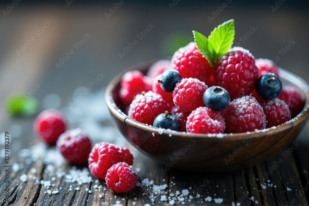 Ice and berries in a shallow bowl on a wooden surface, frosty, nature, berries Ice and berries in a shallow bowl on a wooden surface, frosty, nature, berries