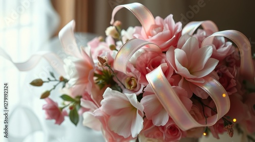 Elegant floral arrangement featuring pink and white blossoms, accented with a shimmering iridescent ribbon.