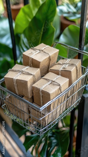 Brown Paper Food Packages in Metal Shopping Basket Outdoors photo