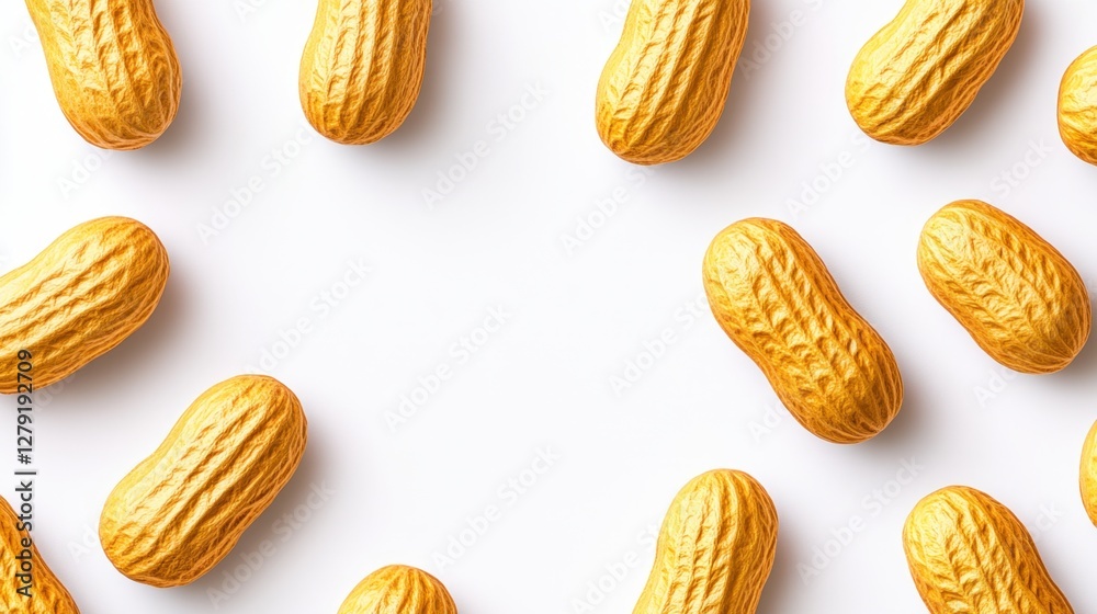 Golden peanuts arranged in a frame on a white background. A flat lay image with a simple, clean aesthetic. Perfect for food blogs, recipe websites Golden peanuts arranged in a frame on a white background. A flat lay image with a simple, clean aesthetic. Perfect for food blogs, recipe websites