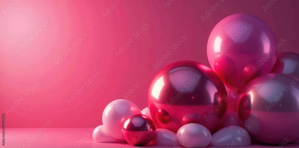 Fototapeta premium Pink and red metallic balloons float gently above a soft glowing background, glowy, lighting