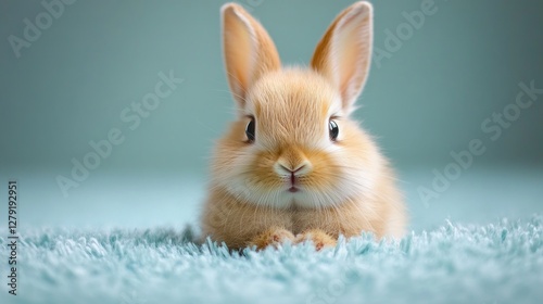 Cute fluffy bunny on soft blue carpet looking adorably at camera. Easter, Pascha, Paskha, Ostern, Pascua, Paques - Orthodox and Catholic Holiday celebration