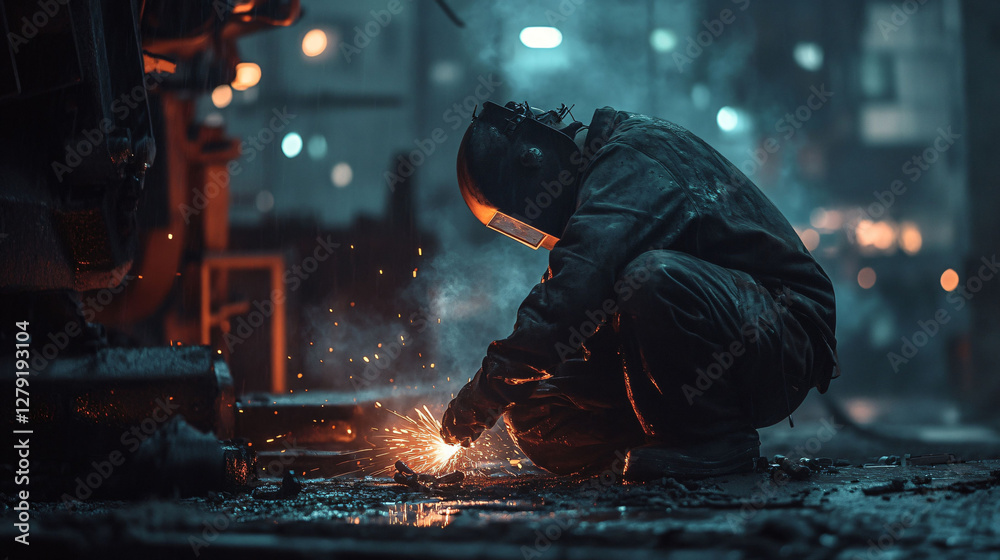 A welder is working and sparking in a dimly lit industrial setting A welder is working and sparking in a dimly lit industrial setting