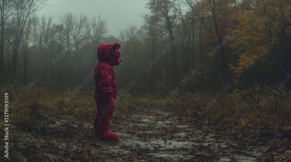 Person in bear suit standing on misty forest path Person in bear suit standing on misty forest path