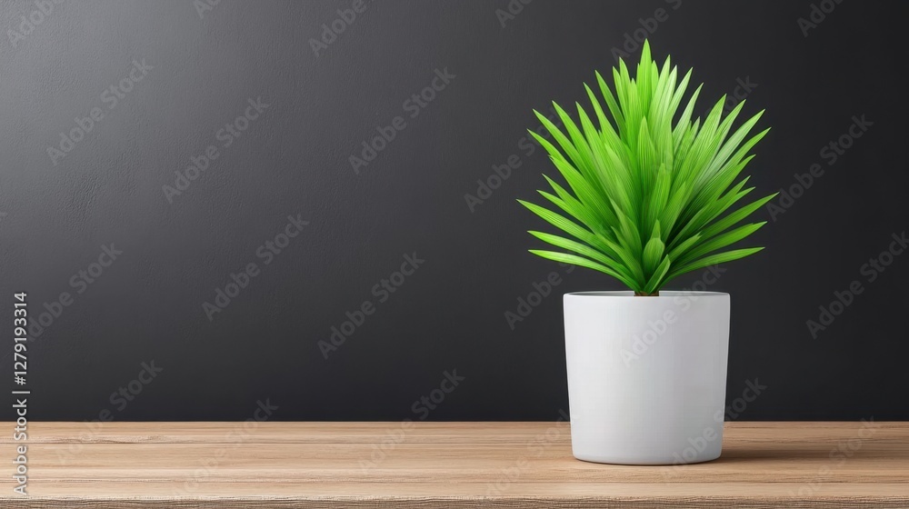 Fototapeta premium A green artificial plant in a white pot sits on a rustic wooden table against a dark gray background. The image has a minimalist and clean aesthetic