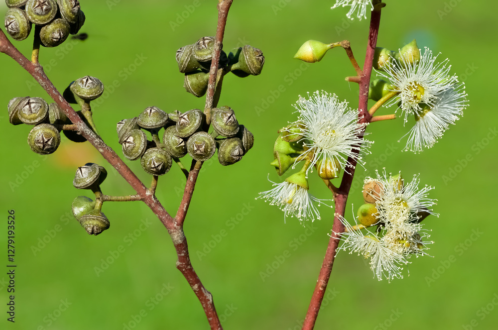 Fototapeta premium natural plants and flowers. Photos of eucalyptus tree flowers and seeds.