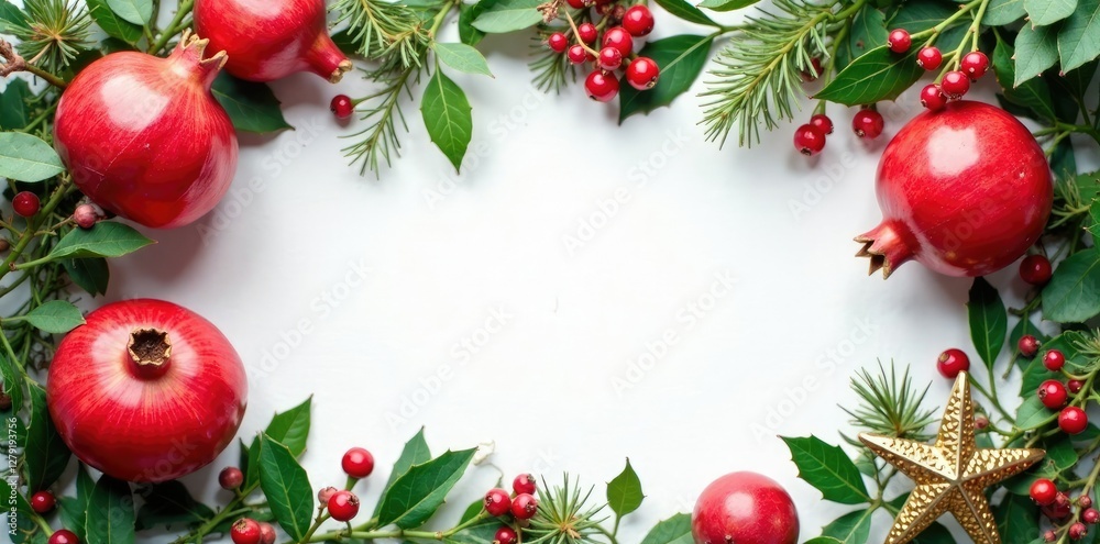 Pomegranates and holly branches intertwined with a golden star, nature-inspired decor, holiday theme, Pomegranates and holly branches intertwined with a golden star, nature-inspired decor, holiday theme,