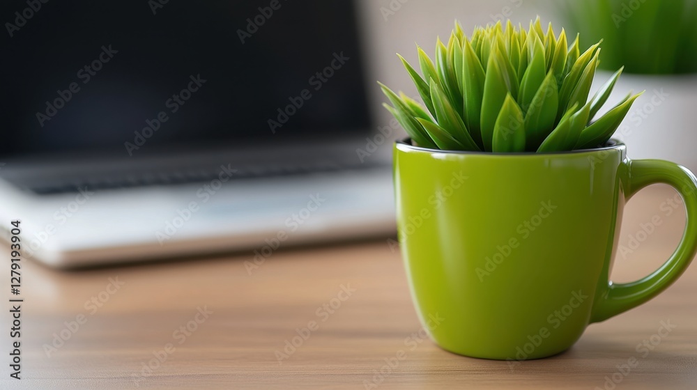 Close up of a vibrant green succulent in a lime green mug, situated on a light brown wooden desk with a blurred personal computer in the background Close up of a vibrant green succulent in a lime green mug, situated on a light brown wooden desk with a blurred personal computer in the background
