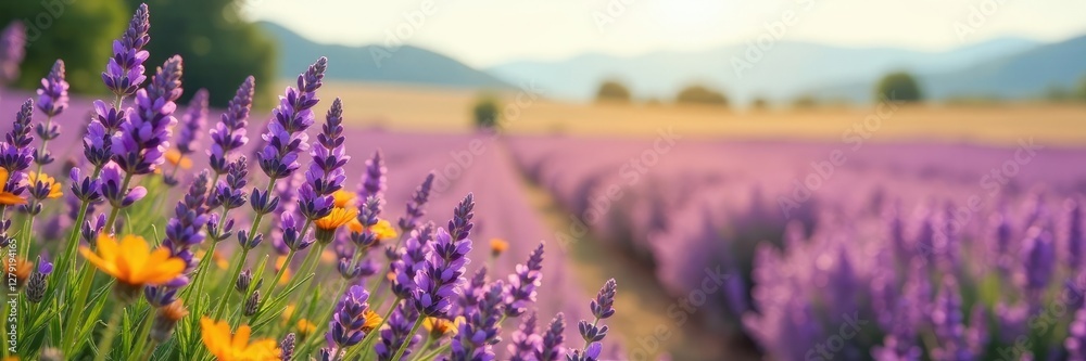 Obraz premium Purple and yellow flowers sway gently in the wind, swaying flowers, purple and yellow blooms, lavender field