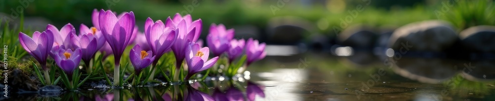 Purple crocus flowers in a shallow pool of water, garden, flower Purple crocus flowers in a shallow pool of water, garden, flower