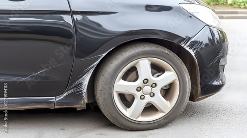 Wallpaper Mural Close Up of Damaged Black Car with Scratches on Roadway with Gray Alloy Wheels Torontodigital.ca