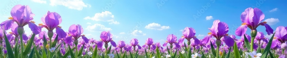 Fototapeta premium Purple irises stretch towards the clear blue sky, wildflowers, petals, flowers