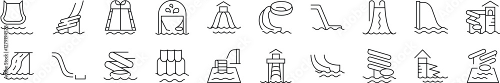 Water Slide Set of Thin Icons. Editable Stroke. Perfect for Web Sites, Books, Cards, Apps Water Slide Set of Thin Icons. Editable Stroke. Perfect for Web Sites, Books, Cards, Apps