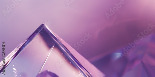 Extreme macro photo of a polished triangle glass partially encasing a clear sphere, with multicolor edges, soft refraction, and a blurred violet-emerald backdrop. Warm, natural tones, depth of field, 