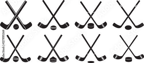 set of crossed hockey stick and puck silhouette, black and white silhouette, vector and illustration