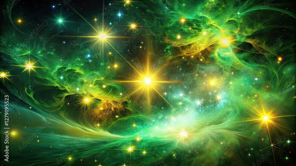 Fototapeta premium Green Gold Nebula, Luminous Tendrils, Star Clusters, Bokeh, Deep Space
