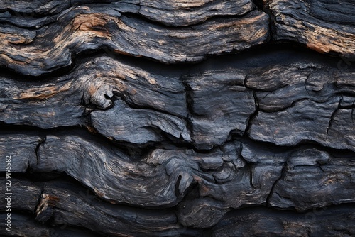Abstract Macro of Dark Charred Tree Bark with Detailed Textures and Natural Patterns