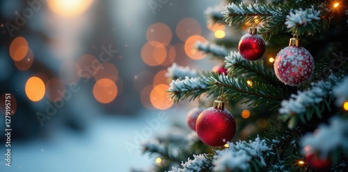 Snowflakes clung to the branches of a Christmas tree, white and red christmas tree, holiday decorations photo