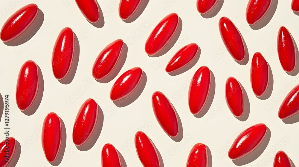 Scattered Red Yeast Rice Capsules on Beige Surface in a Bright Studio Shot Scattered Red Yeast Rice Capsules on Beige Surface in a Bright Studio Shot