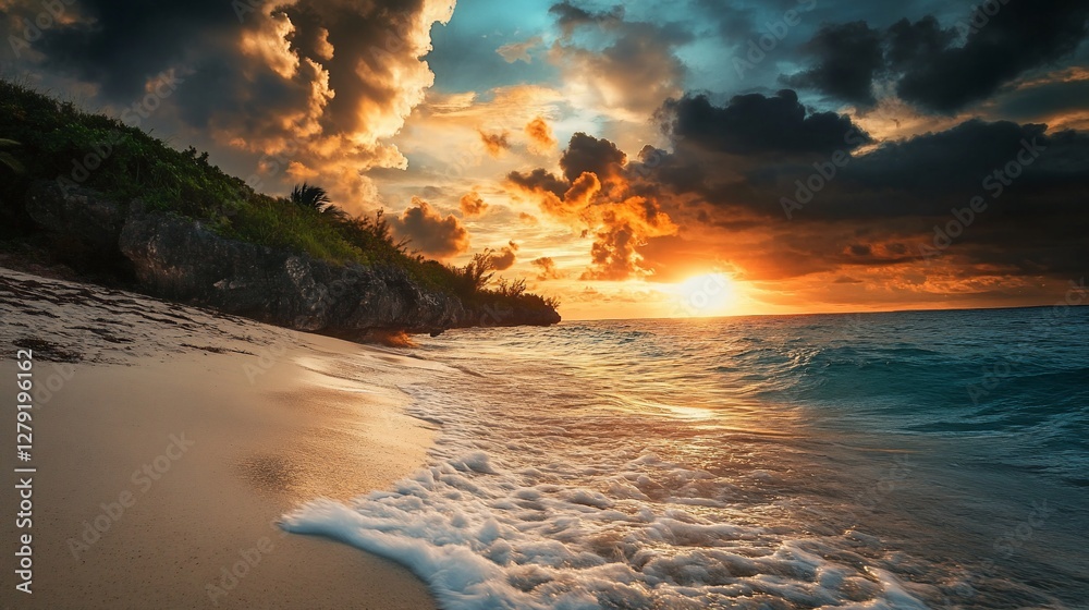 Fototapeta premium Dramatic sunset over tropical beach with waves.