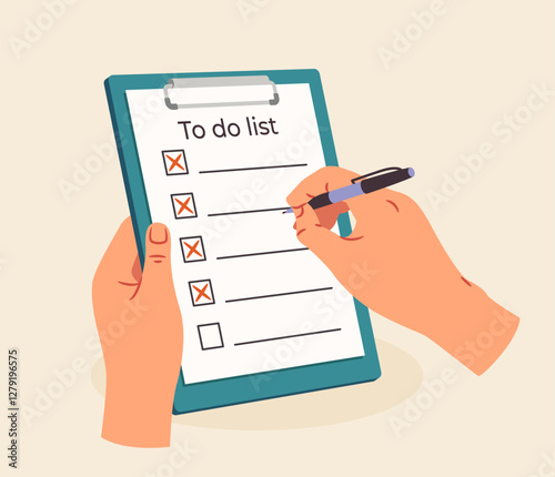 Hands holding clipboard with to-do list. Vector illustration