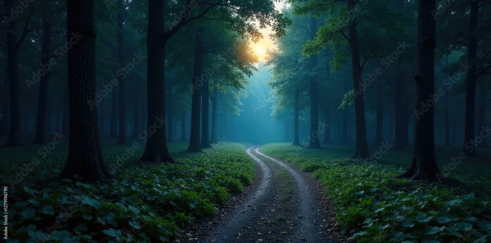 Obraz premium Softly glowing forest path winding through the trees under moonlight, ambiance, natural, scene
