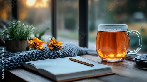 Peaceful workspace featuring a warm drink simple notebook and sharpened pencil