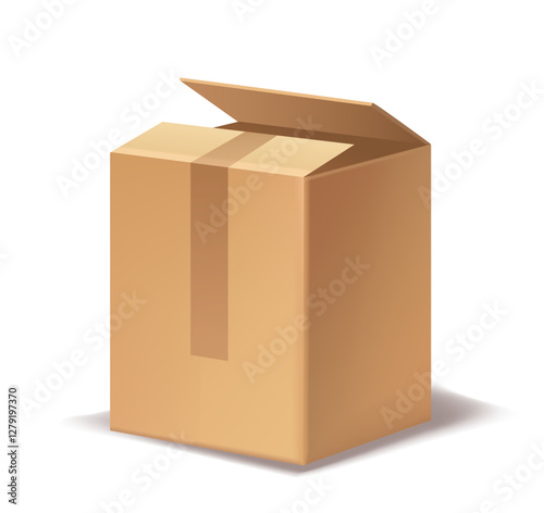 Brown cardboard box with open lid on white background. Vector illustration