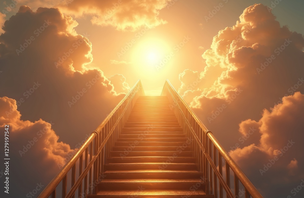 Fototapeta premium Stairway leads up to bright light in cloudy sky. Spiritual path, way to god. Religious themes of faith, hope, belief in future success, achieving dreams. Conceptual heavenly landscape with sun.