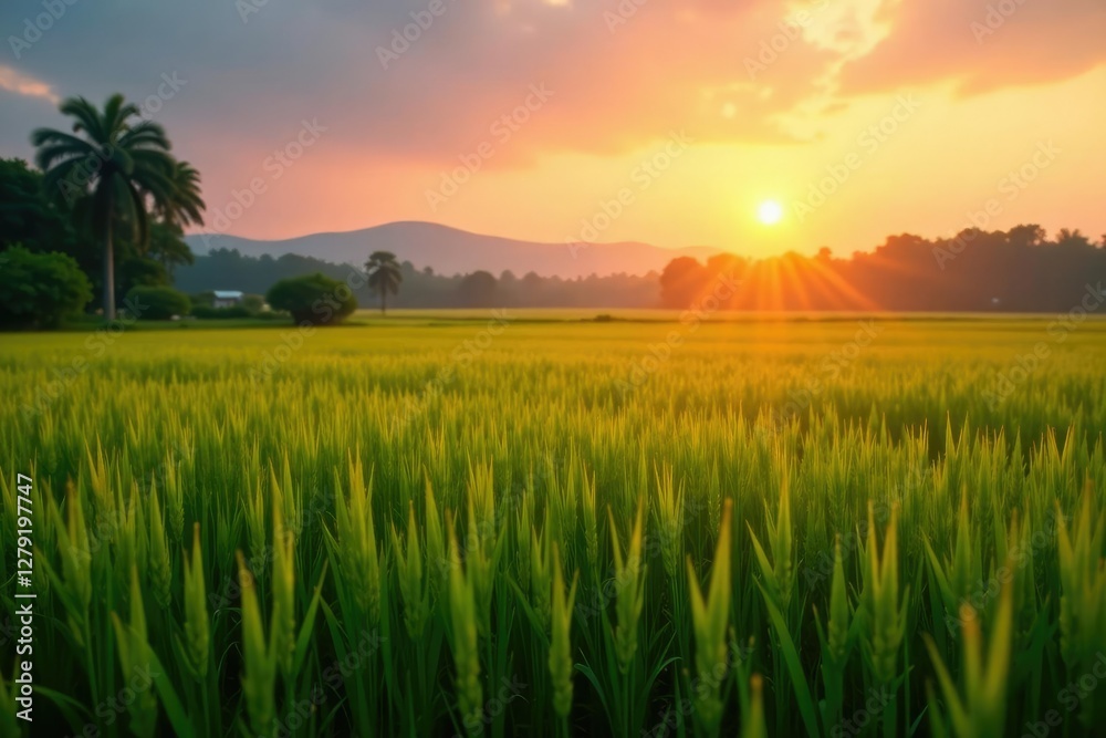 Softly lit rice field landscape at sunrise with warm sunlight casting a glow, gentle hue, Softly lit rice field landscape at sunrise with warm sunlight casting a glow, gentle hue,
