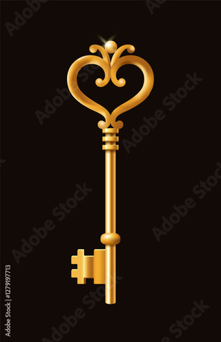 Golden vintage key with heart-shaped top on black background. Vector illustration